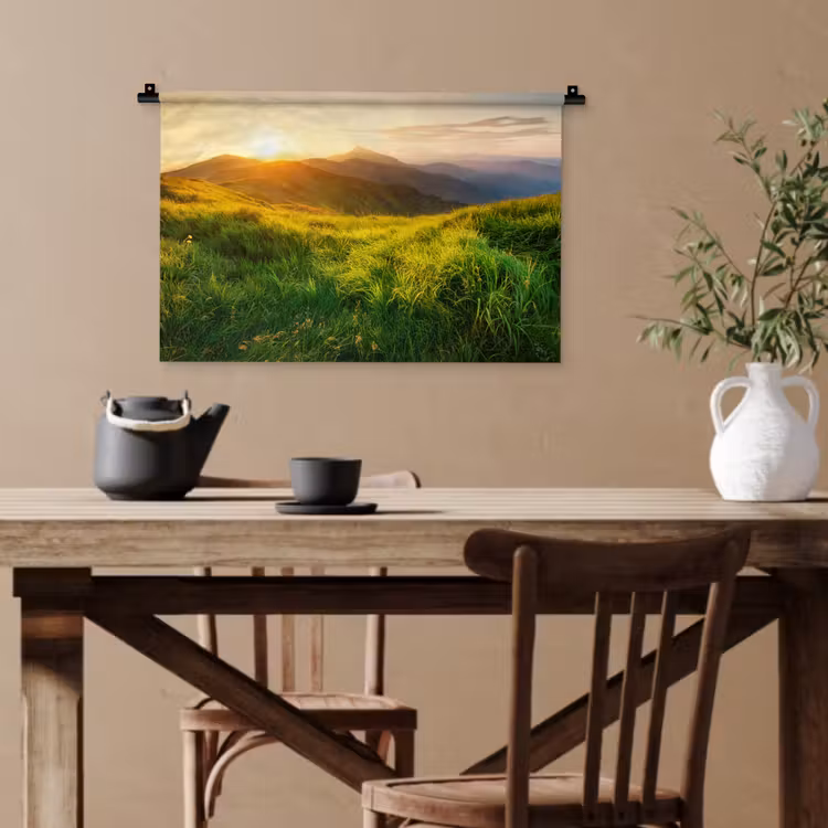 Gras - Heuvels - Zon - Natuur - Landschap Wandkleed katoen klein -sfeer6