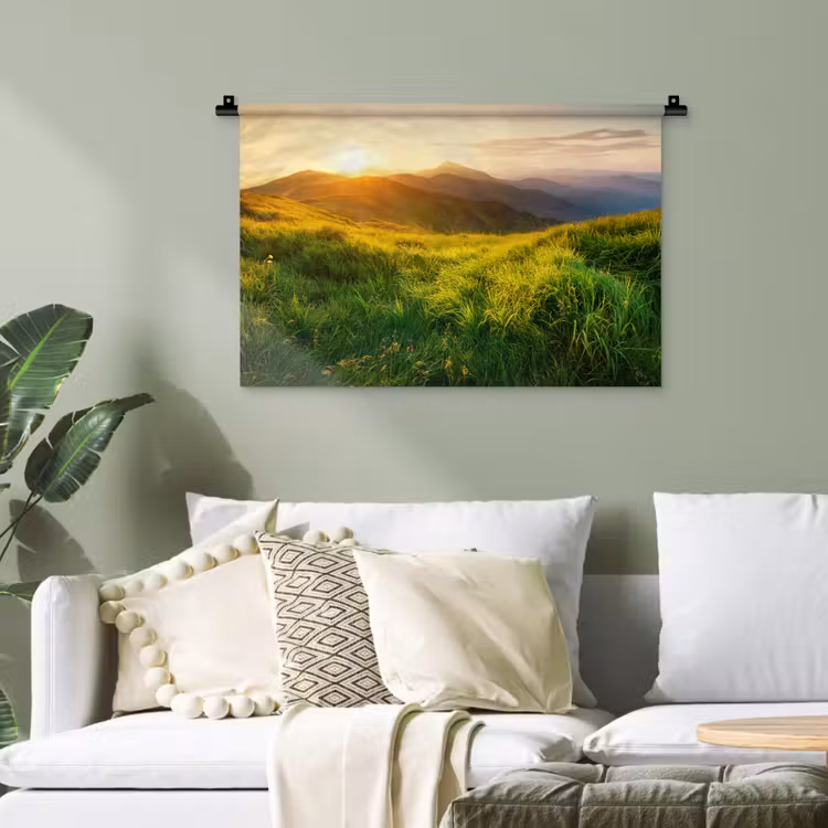 Gras - Heuvels - Zon - Natuur - Landschap Wandkleed katoen klein -sfeer7