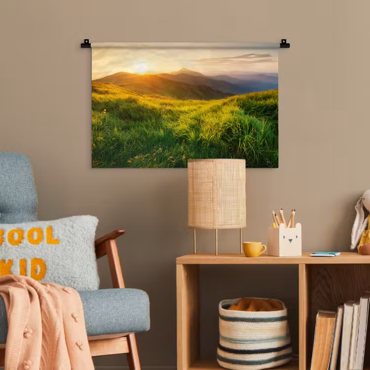 Gras - Heuvels - Zon - Natuur - Landschap Wandkleed katoen klein -wsfeer4_kind
