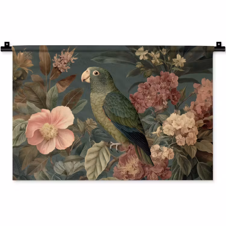 Groene papegaai - Kleurrijke bloemen - Donkere achtergrond Wandkleed katoen klein -zz3d