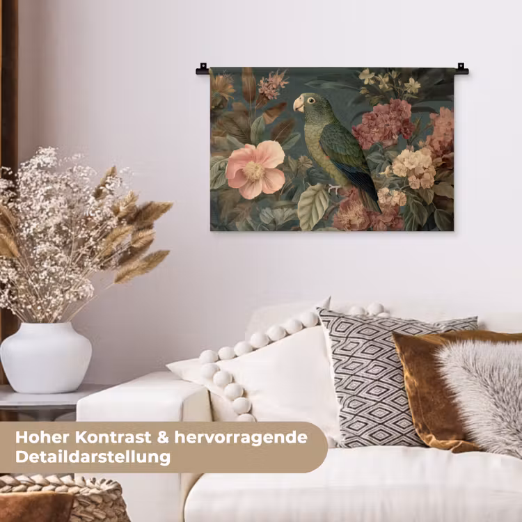 Groene papegaai - Kleurrijke bloemen - Donkere achtergrond Wandkleed katoen klein -tsfeer1_DE