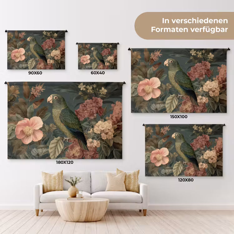 Groene papegaai - Kleurrijke bloemen - Donkere achtergrond Wandkleed katoen klein -tsfeer8_DE