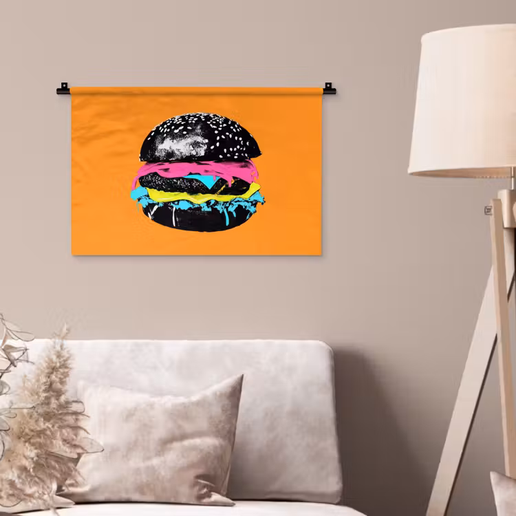 Hamburger - Oranje - Neon - popart Wandkleed katoen klein -sfeer4