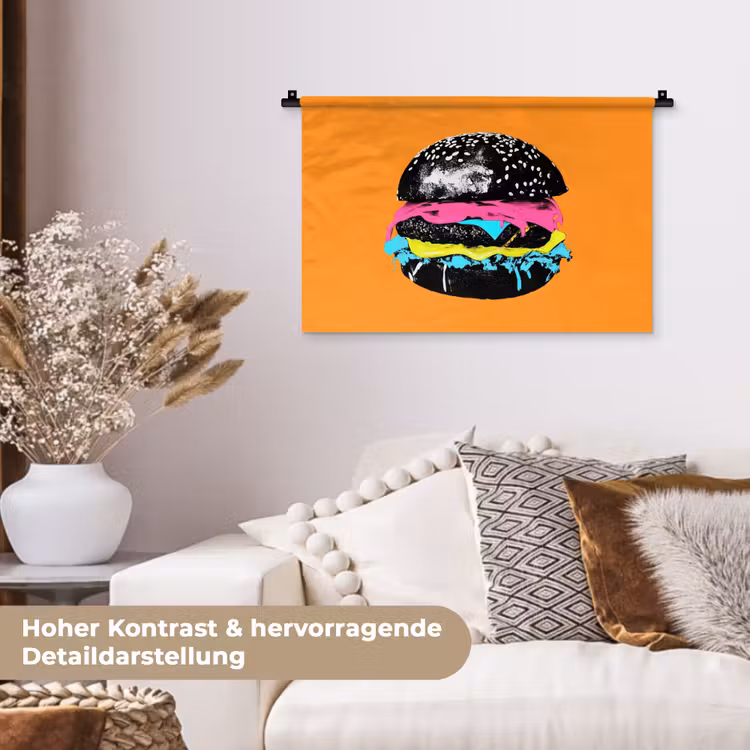 Hamburger - Oranje - Neon - popart Wandkleed katoen klein -tsfeer1_DE
