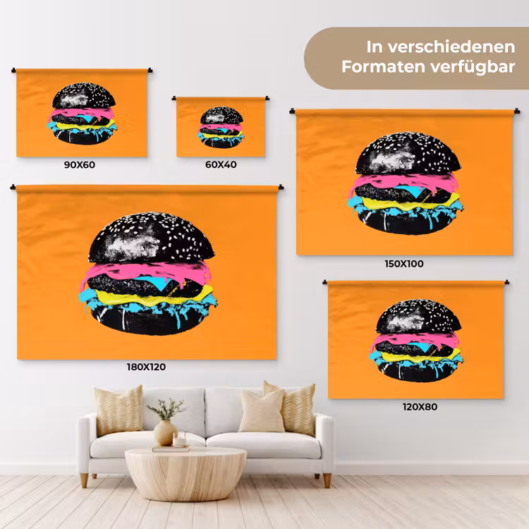 Hamburger - Oranje - Neon - popart Wandkleed katoen klein -tsfeer8_DE