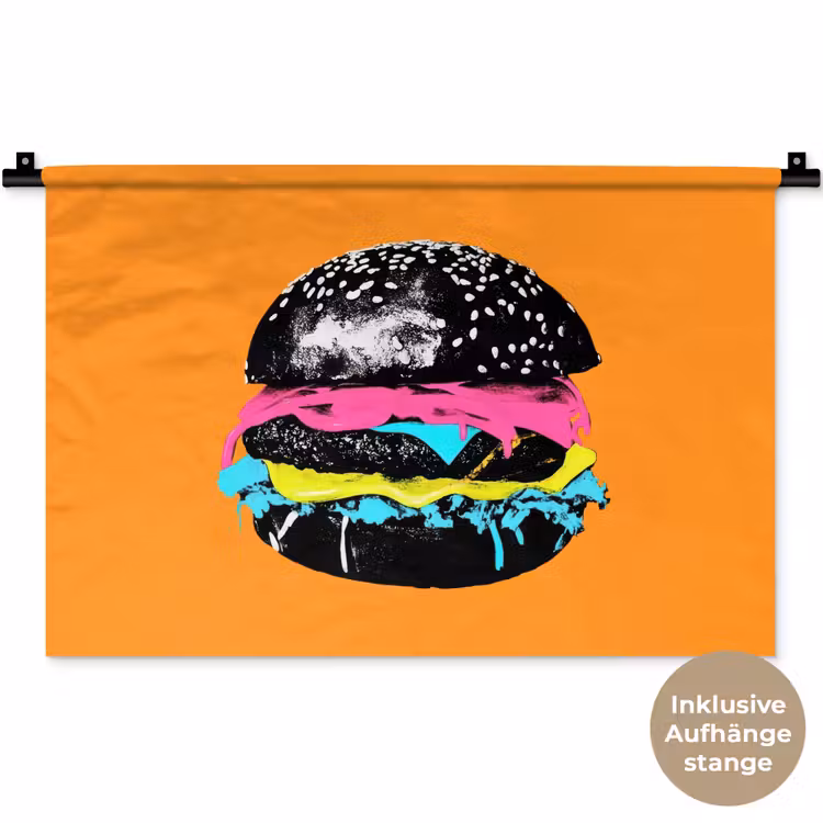 Hamburger - Oranje - Neon - popart Wandkleed katoen klein -t3d_DE