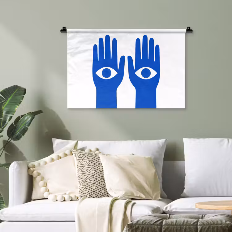 Handen - Twee - Ogen - Blauw Wandkleed katoen klein -sfeer7