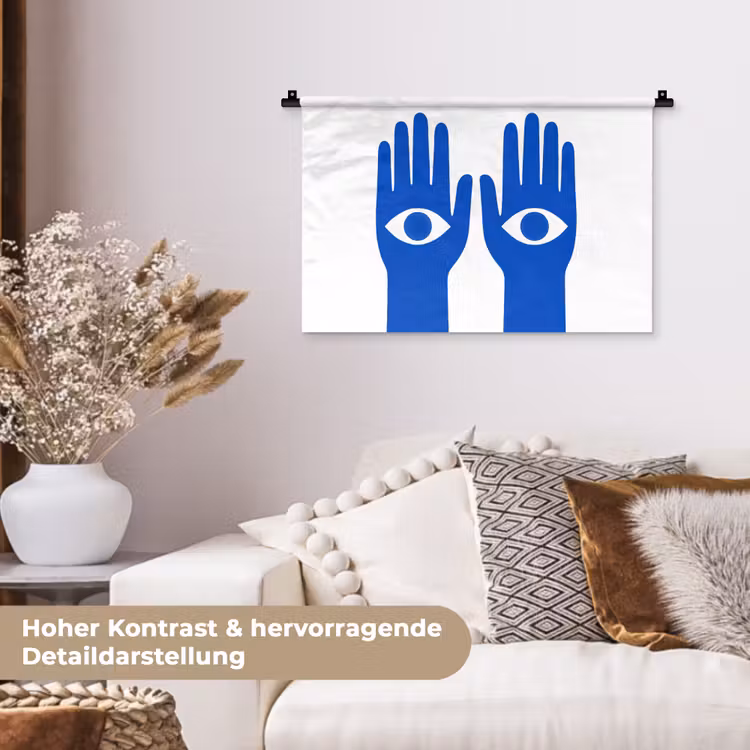 Handen - Twee - Ogen - Blauw Wandkleed katoen klein -tsfeer1_DE