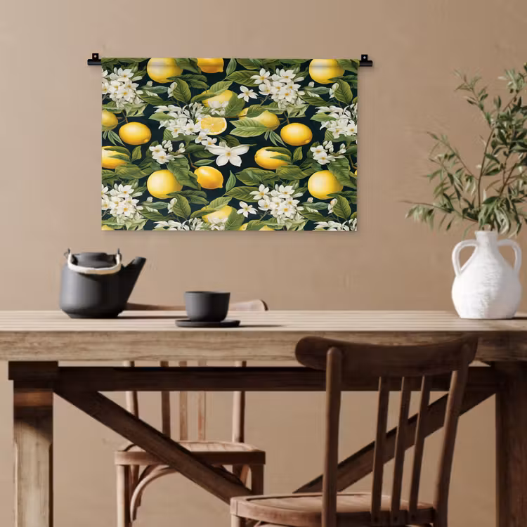 Hangende - Citroenen - Witte - Bloemetjes Wandkleed katoen klein 269 -sfeer6