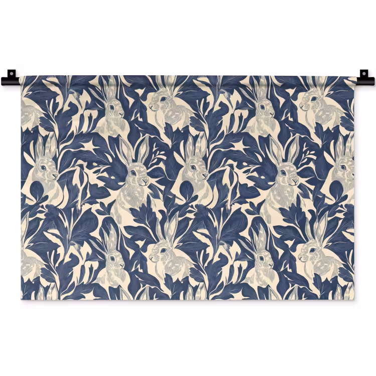 Hazen - Bladeren - Patroon - Blauw - Beige Wandkleed katoen klein 269 -zz3d