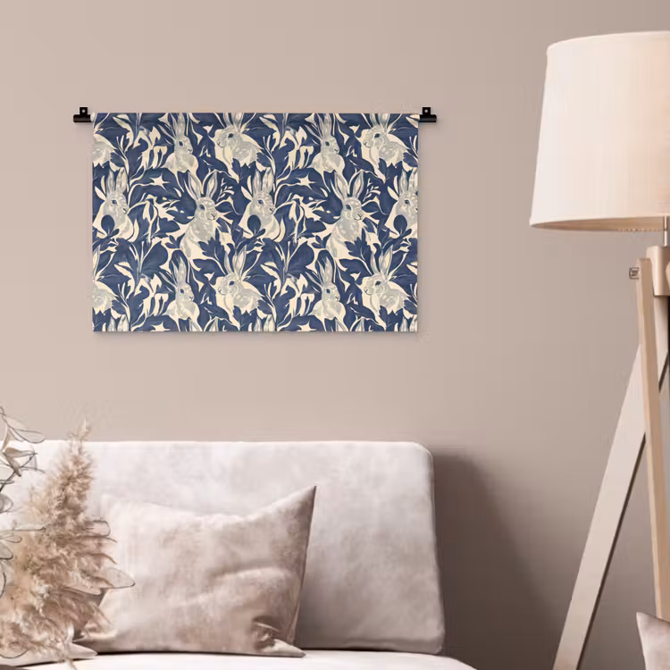 Hazen - Bladeren - Patroon - Blauw - Beige Wandkleed katoen klein 269 -sfeer4