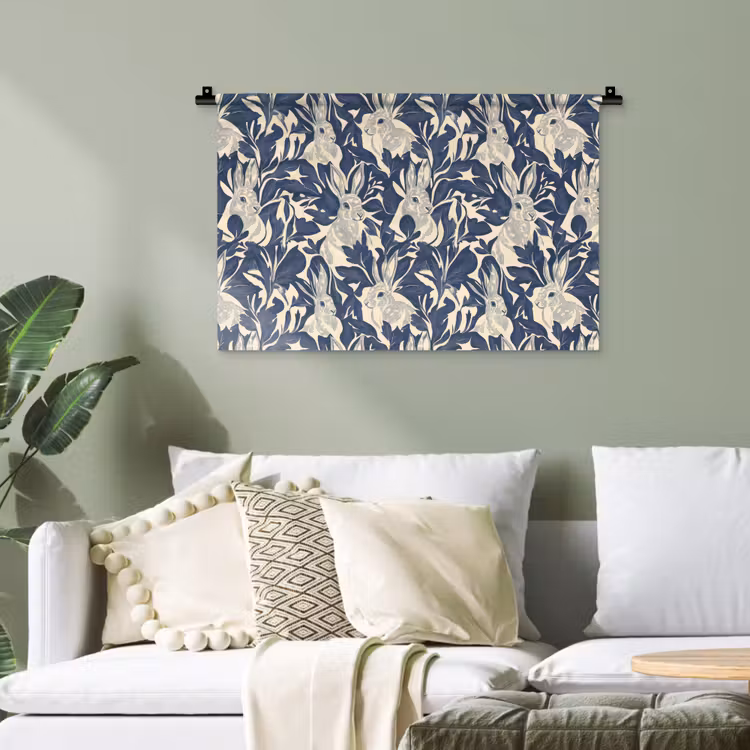 Hazen - Bladeren - Patroon - Blauw - Beige Wandkleed katoen klein 269 -sfeer7