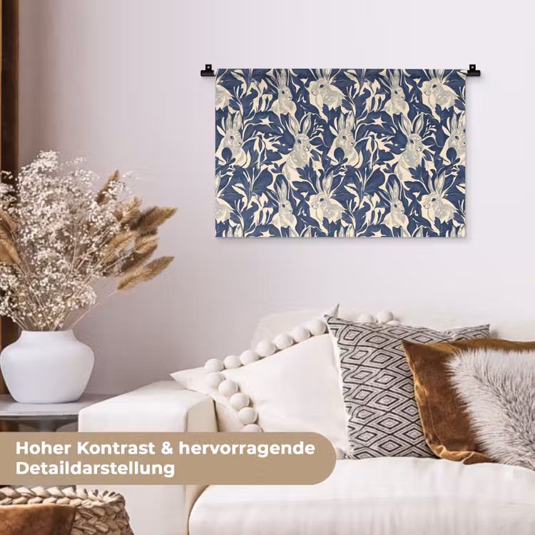 Hazen - Bladeren - Patroon - Blauw - Beige Wandkleed katoen klein 269 -tsfeer1_DE