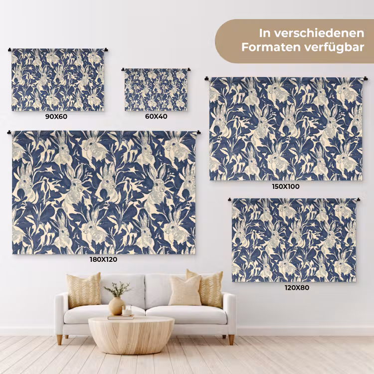 Hazen - Bladeren - Patroon - Blauw - Beige Wandkleed katoen klein 269 -tsfeer8_DE