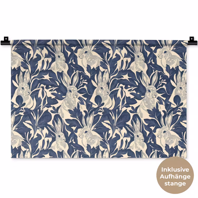 Hazen - Bladeren - Patroon - Blauw - Beige Wandkleed katoen klein 269 -t3d_DE