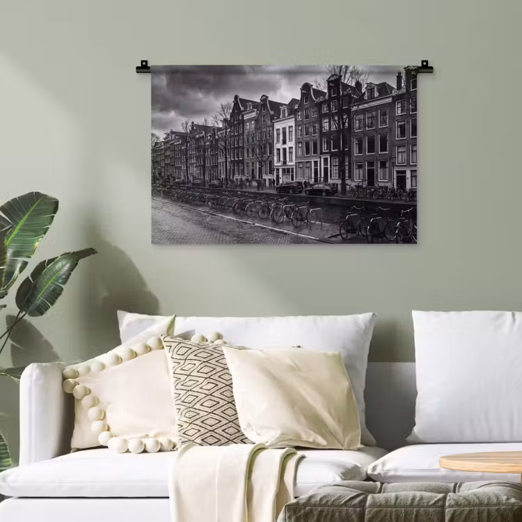 Huis - Gracht - Amsterdam - Architectuur - Zwart-wit Wandkleed katoen klein -sfeer7