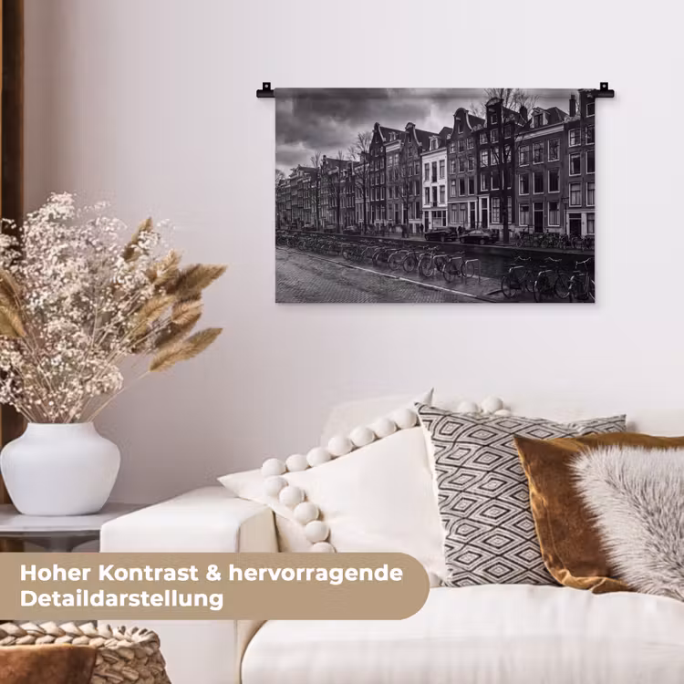 Huis - Gracht - Amsterdam - Architectuur - Zwart-wit Wandkleed katoen klein -tsfeer1_DE