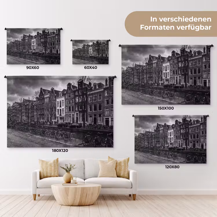 Huis - Gracht - Amsterdam - Architectuur - Zwart-wit Wandkleed katoen klein -tsfeer8_DE
