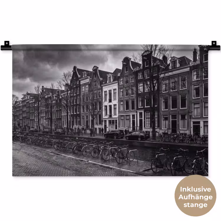 Huis - Gracht - Amsterdam - Architectuur - Zwart-wit Wandkleed katoen klein -t3d_DE