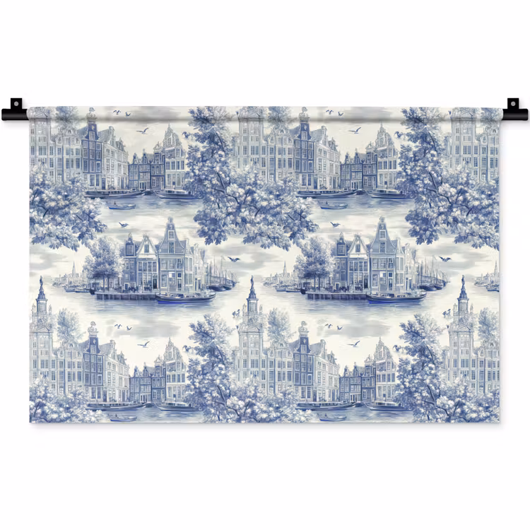 Huizen - Bomen - Water - Vogels - Blauw Wandkleed katoen klein 269 -zz3d