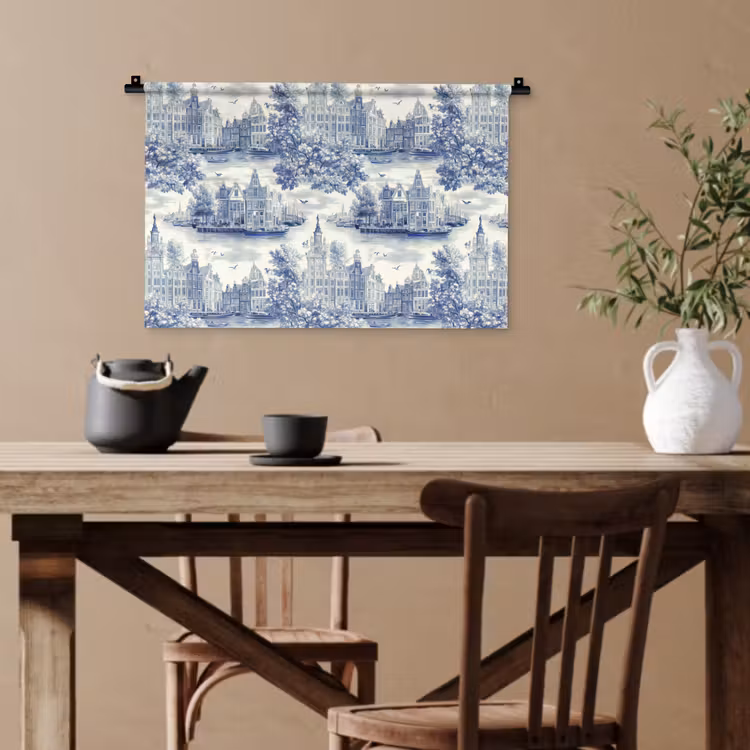 Huizen - Bomen - Water - Vogels - Blauw Wandkleed katoen klein 269 -sfeer6
