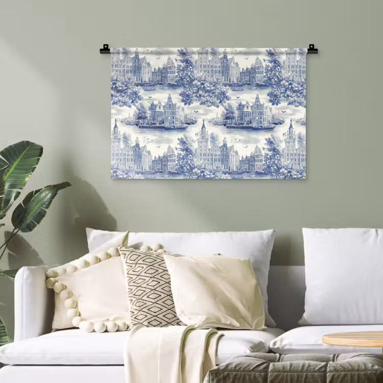 Huizen - Bomen - Water - Vogels - Blauw Wandkleed katoen klein 269 -sfeer7