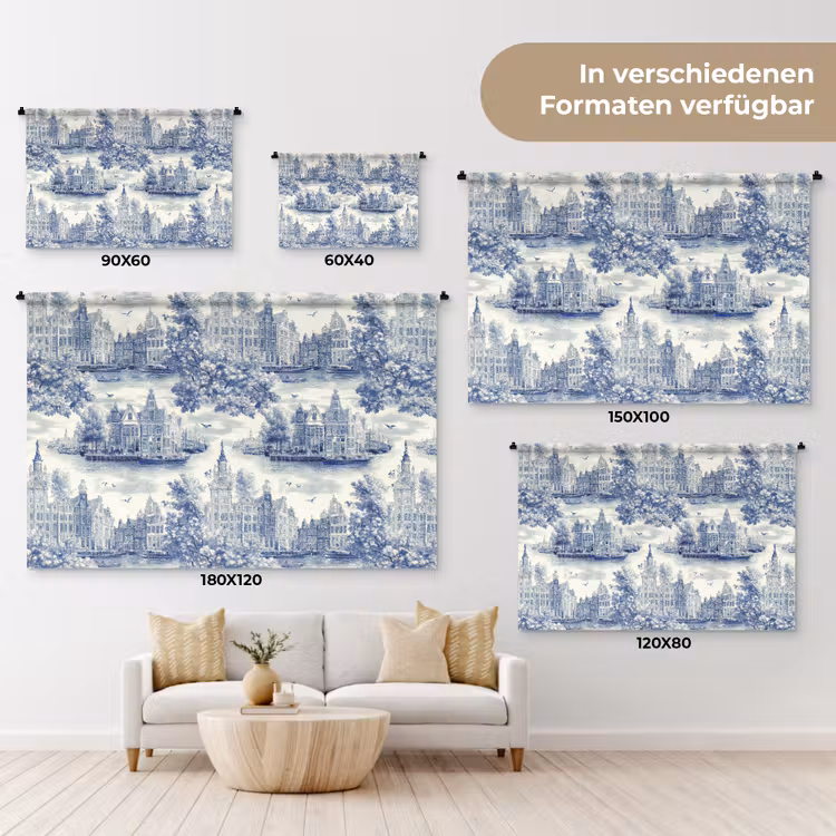 Huizen - Bomen - Water - Vogels - Blauw Wandkleed katoen klein 269 -tsfeer8_DE