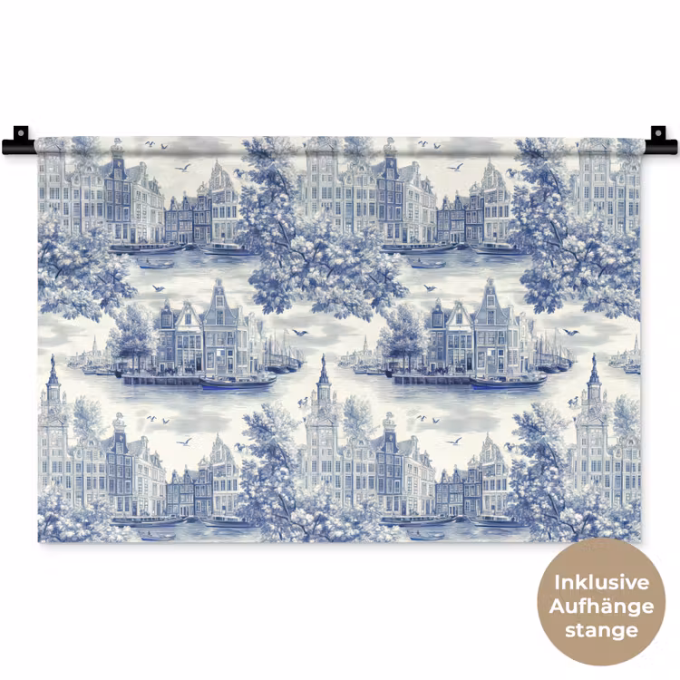 Huizen - Bomen - Water - Vogels - Blauw Wandkleed katoen klein 269 -t3d_DE