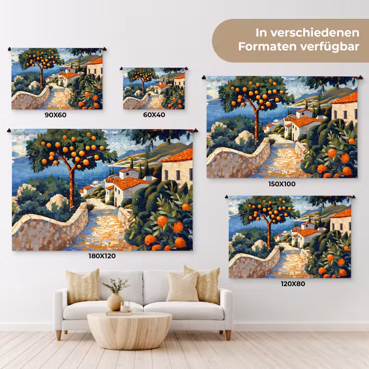 Huizen - Mozaïek - Sinaasappelbomen - Zee Wandkleed katoen klein -tsfeer8_DE
