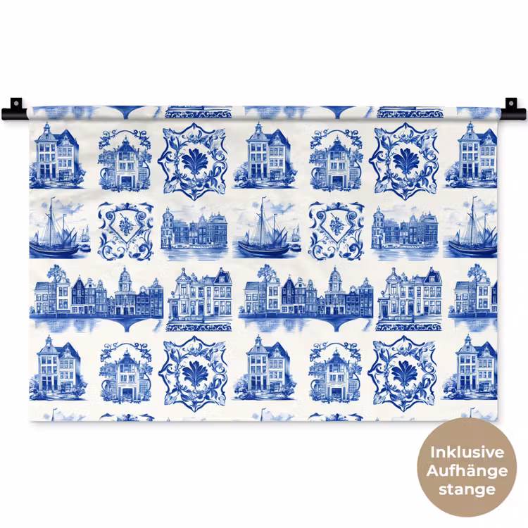 Huizen - Schepen - Blauw Wandkleed katoen klein 269 -t3d_DE