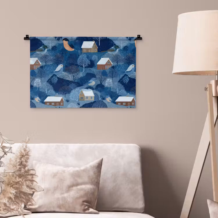 Huisjes - Vogels - Sneeuw - Winter - Blauw Wandkleed katoen klein 269 -sfeer4