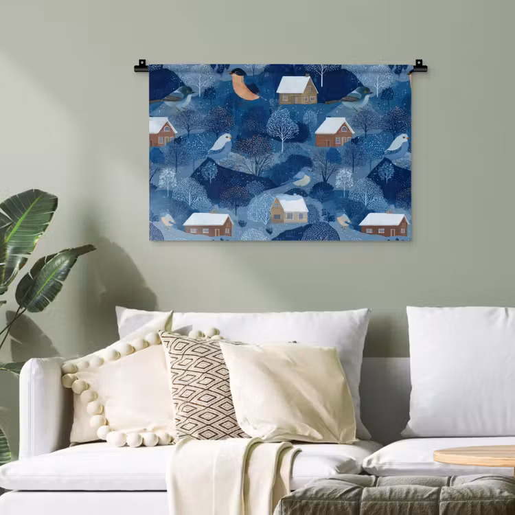 Huisjes - Vogels - Sneeuw - Winter - Blauw Wandkleed katoen klein 269 -sfeer7