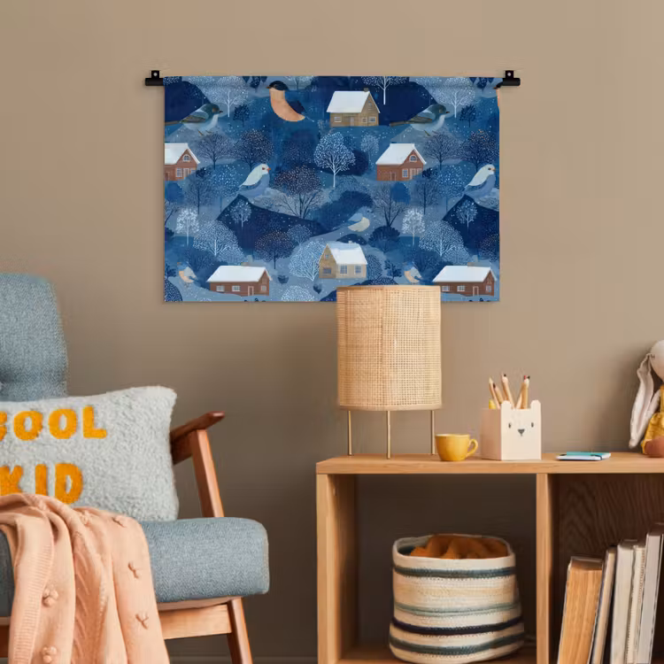 Huisjes - Vogels - Sneeuw - Winter - Blauw Wandkleed katoen klein 269 -wsfeer4_kind