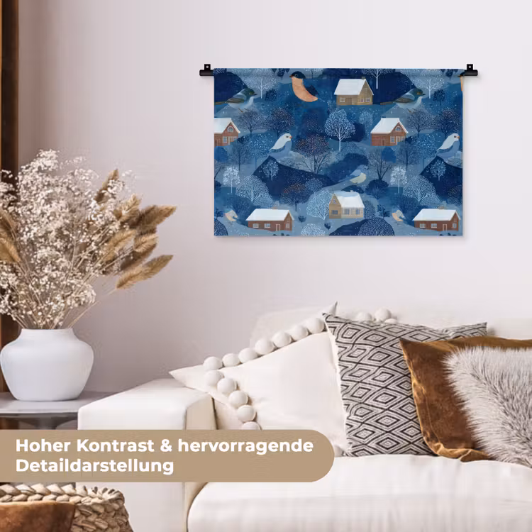 Huisjes - Vogels - Sneeuw - Winter - Blauw Wandkleed katoen klein 269 -tsfeer1_DE