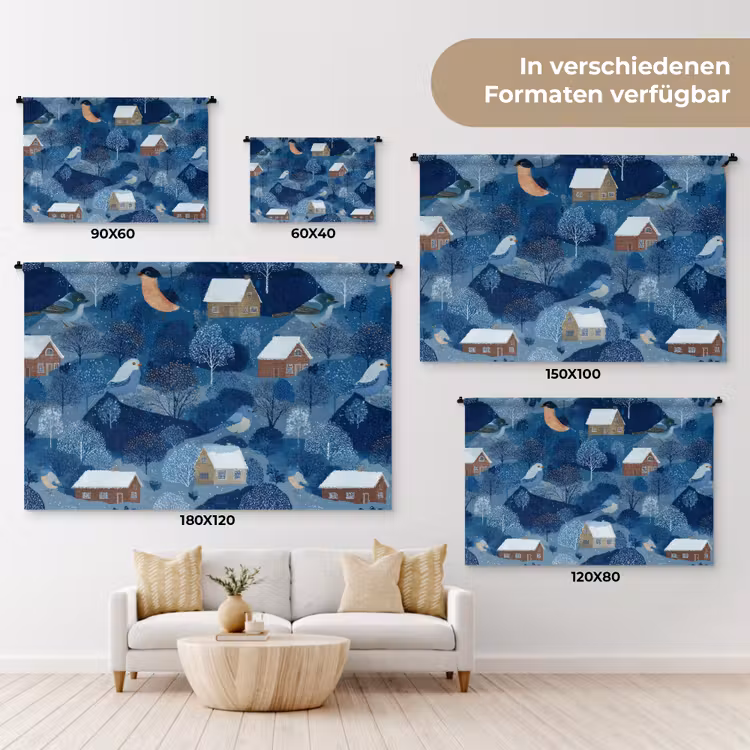 Huisjes - Vogels - Sneeuw - Winter - Blauw Wandkleed katoen klein 269 -tsfeer8_DE