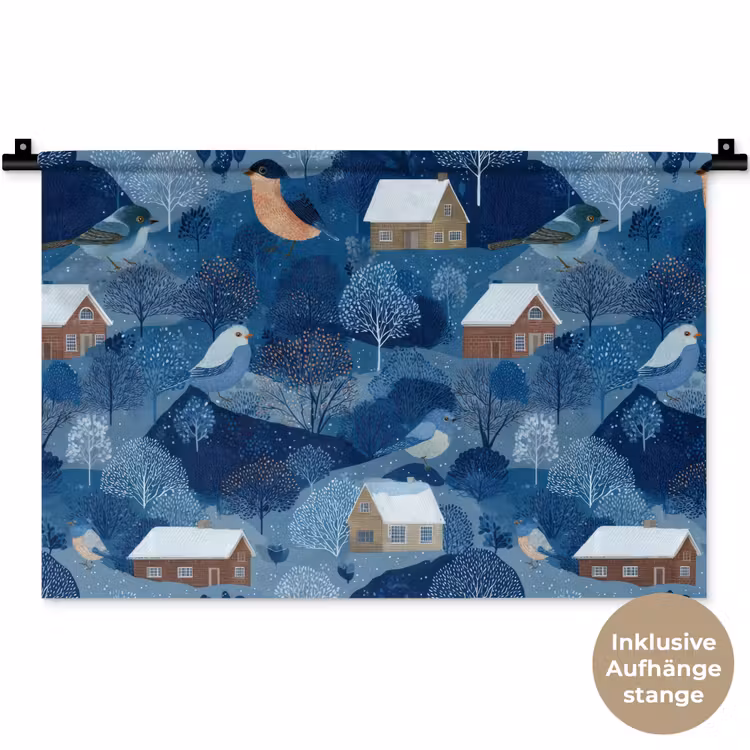 Huisjes - Vogels - Sneeuw - Winter - Blauw Wandkleed katoen klein 269 -t3d_DE