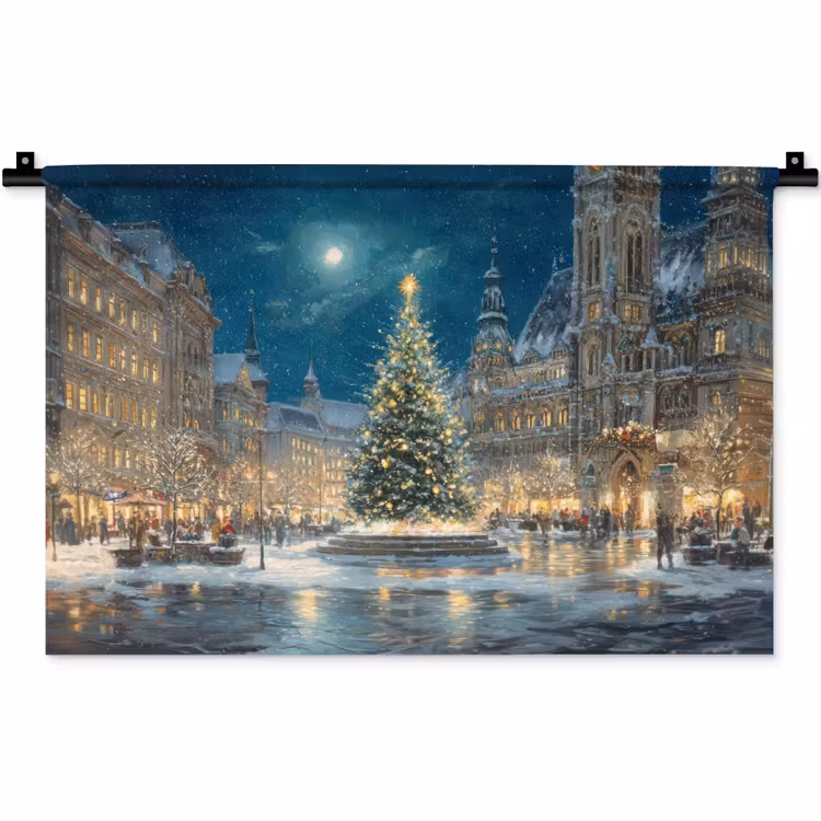 Kerstnacht - Stadsplein - Meerkleurig Wandkleed katoen klein -zz3d