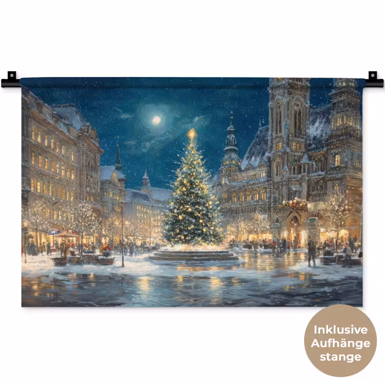 Kerstnacht - Stadsplein - Meerkleurig Wandkleed katoen klein -t3d_DE