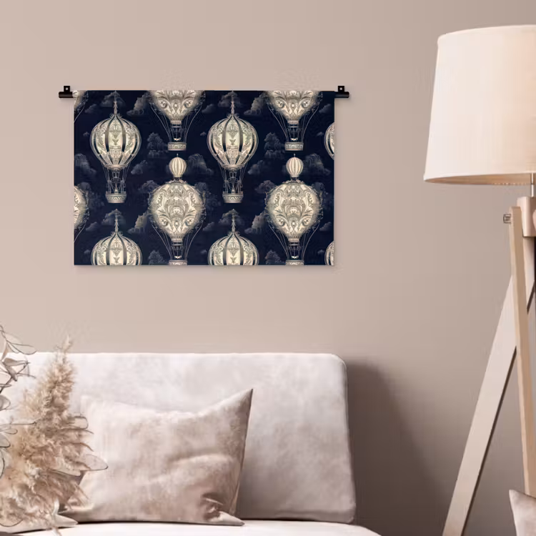 Luchtballonnen - Wolken - Patroon - Donkerblauw Wandkleed katoen klein 269 -sfeer4