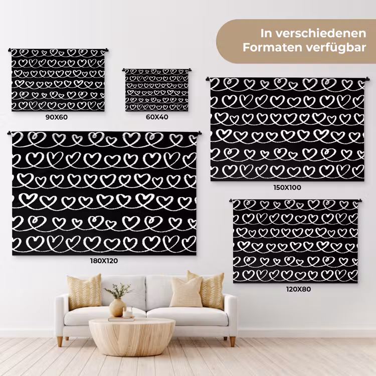 Harten - Verweven - Zwart - Wit Wandkleed katoen klein 269 -tsfeer8_DE