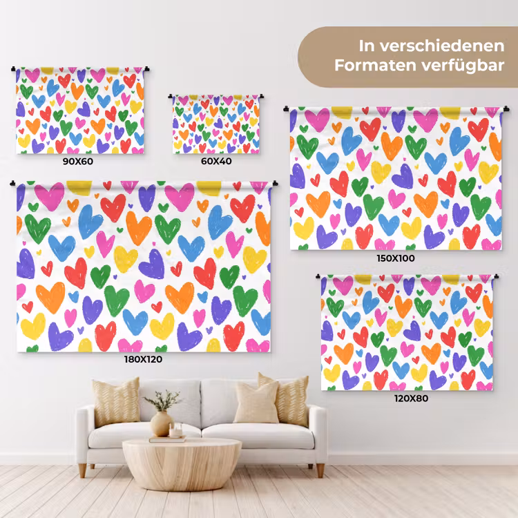 Hartjes - Patroon - Kleurrijk - Tekening Wandkleed katoen klein -tsfeer8_DE