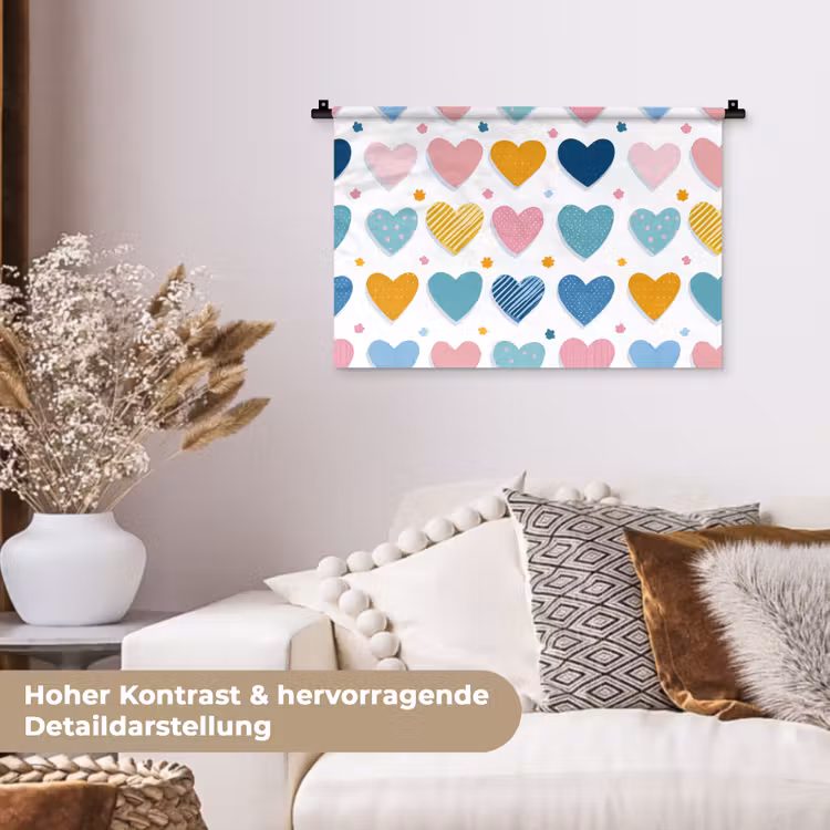 Hartjes - Pastel - Kleurcontrast - Handgetekend Wandkleed katoen klein -tsfeer1_DE