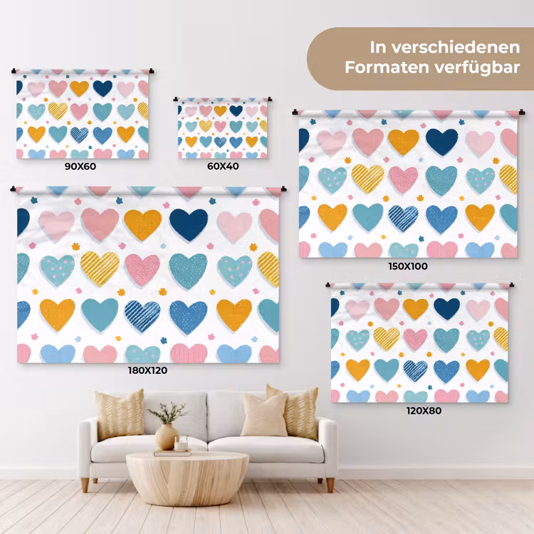 Hartjes - Pastel - Kleurcontrast - Handgetekend Wandkleed katoen klein -tsfeer8_DE