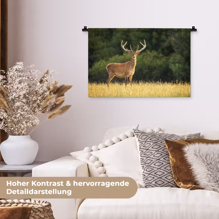 Hert - Gewei - Gras - Natuur - Dieren - Groen Wandkleed katoen klein -tsfeer1_DE