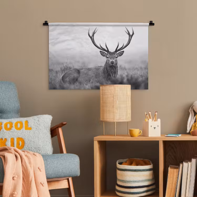 Hert - Mistig - Zwart - Wit Wandkleed katoen klein -wsfeer4_kind