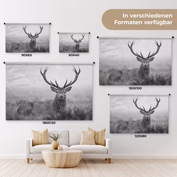 Hert - Mistig - Zwart - Wit Wandkleed katoen klein -tsfeer8_DE