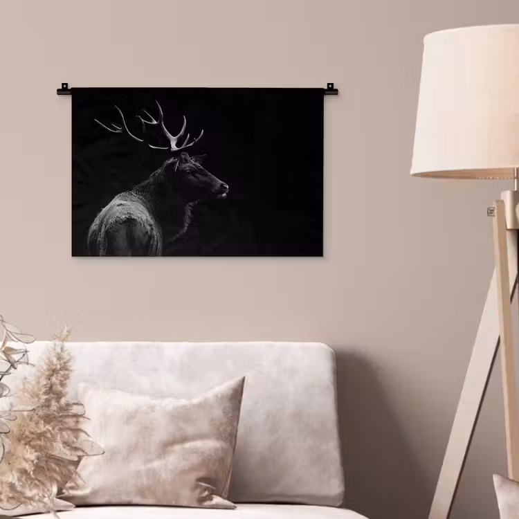 Hert - Zwart - Portret - Gewei - Dieren Wandkleed katoen klein -sfeer4
