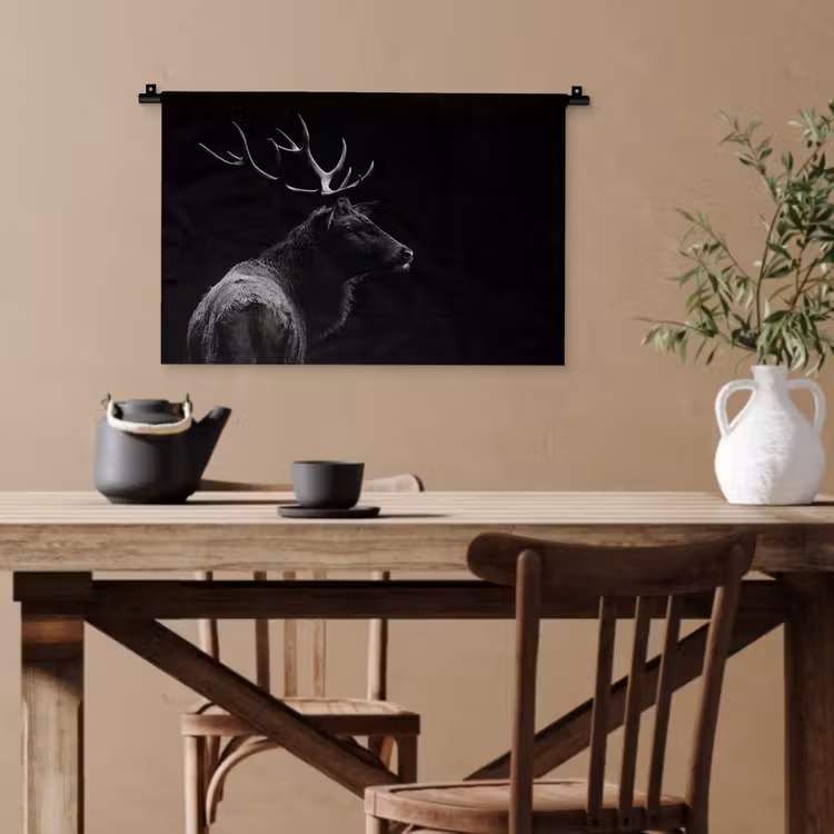 Hert - Zwart - Portret - Gewei - Dieren Wandkleed katoen klein -sfeer6