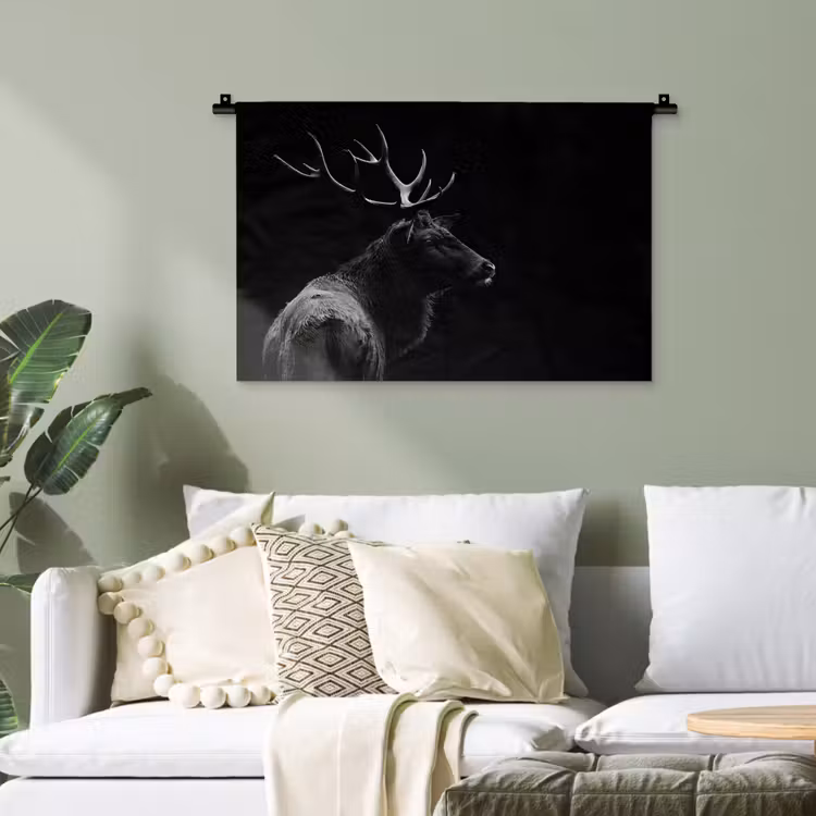 Hert - Zwart - Portret - Gewei - Dieren Wandkleed katoen klein -sfeer7