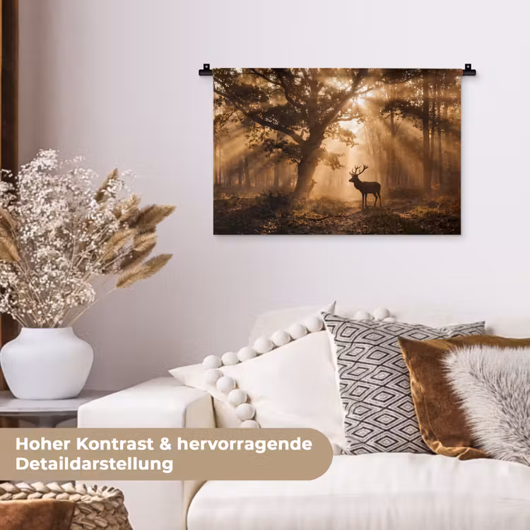 Hert - Bos - Mistig - Natuur - Goud Wandkleed katoen klein -tsfeer1_DE